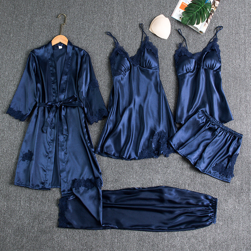 Silk-Blend Thin Strap Pajama Set with Bra Cup for Women - 5 Piece Set