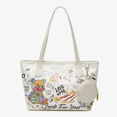 Versatile and Fashionable Teddy Bear Graffiti Bucket Bag