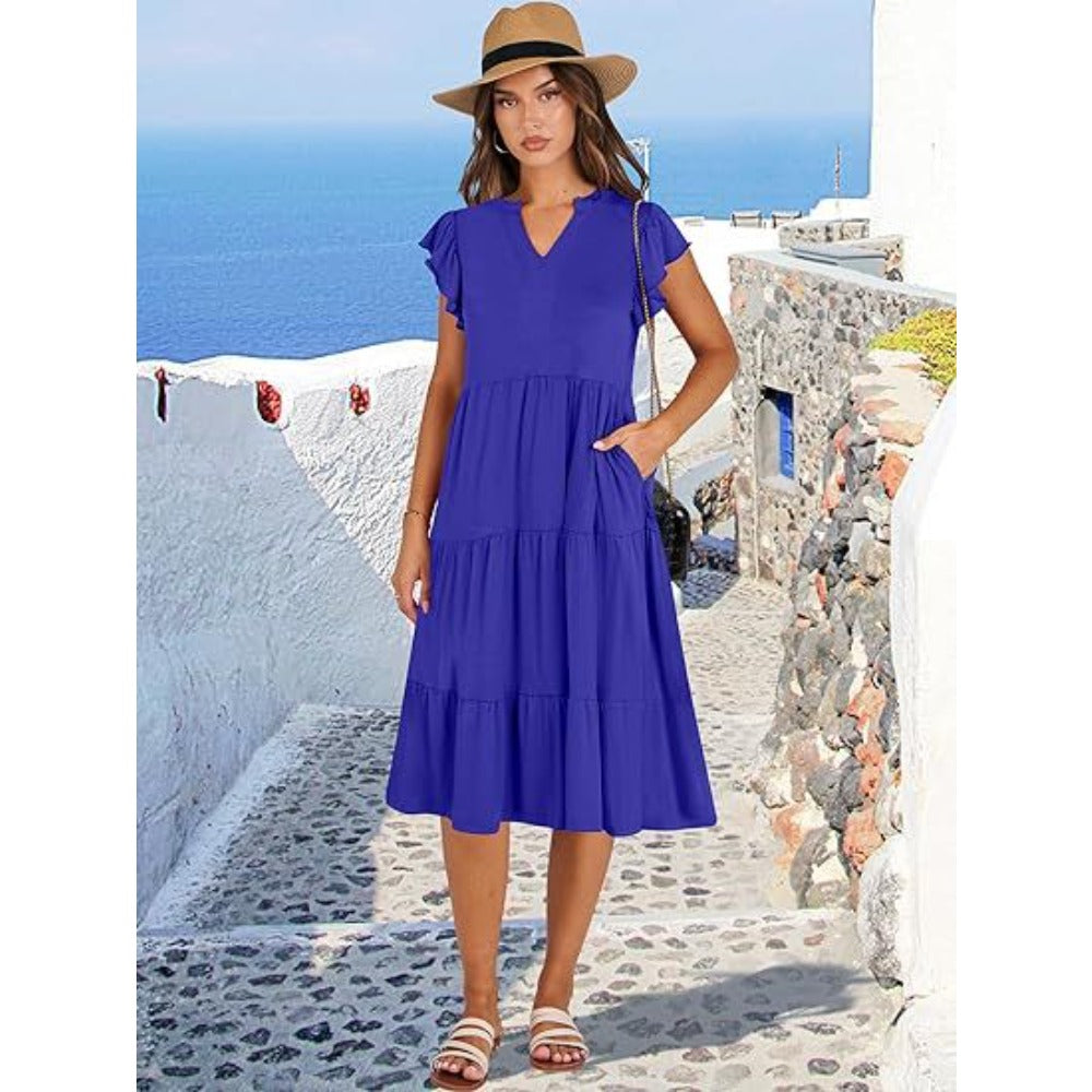 V-neck, Lotus Leaf Sleeve, Mid-length, Patchwork, Large Swing Pocket Dress