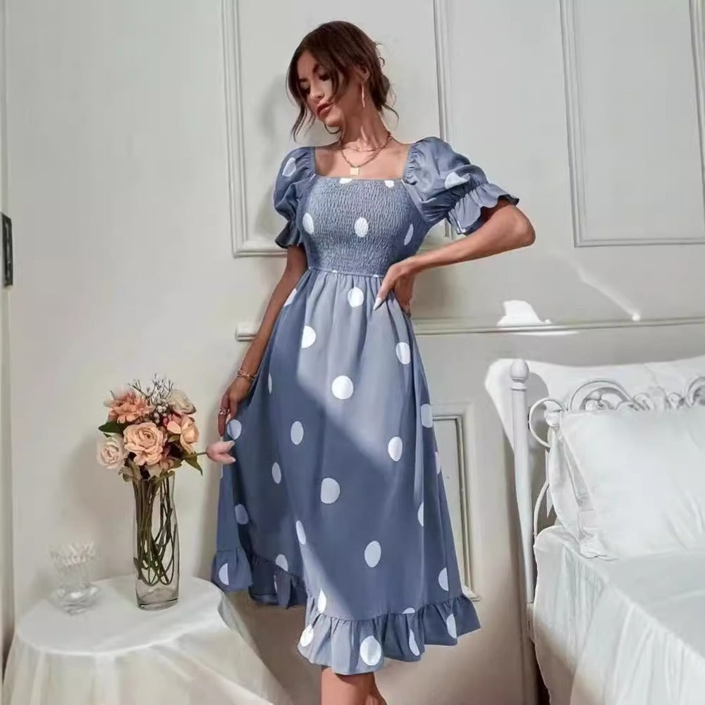 Polka Dot Style Fashionable Short-sleeved Ruffled Dress