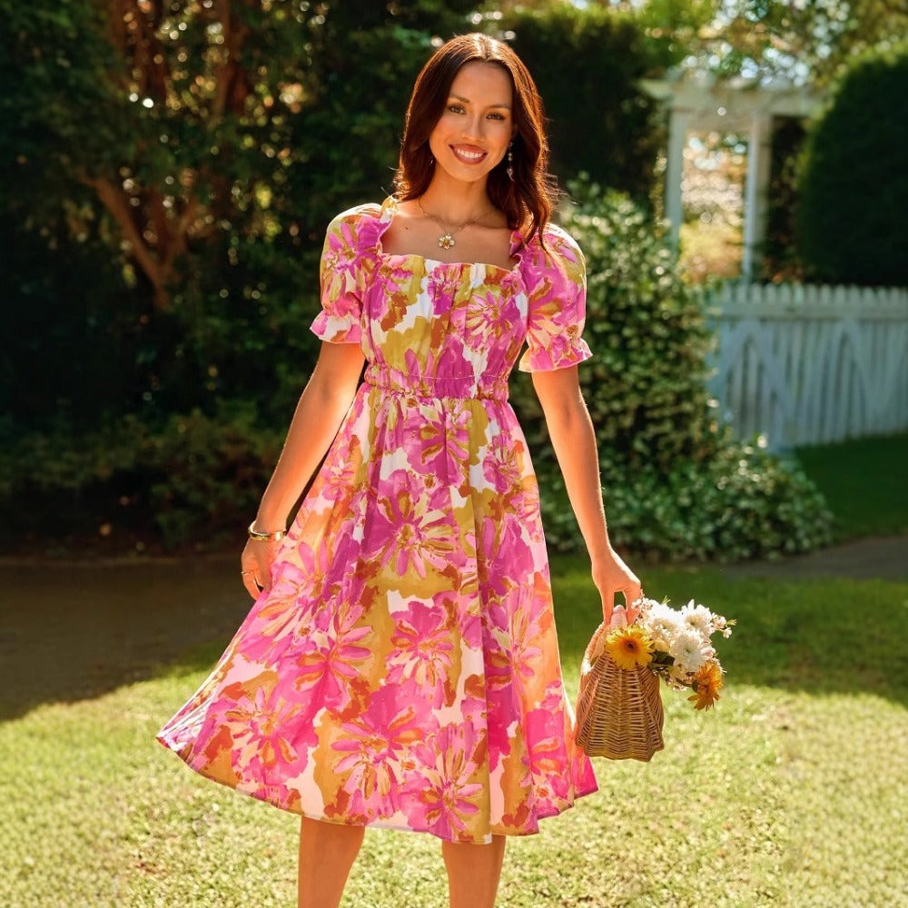 New One-shoulder Floral Print Dress