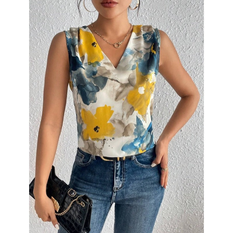 Spring and Summer New Flower-printed V-neck Sleeveless Top