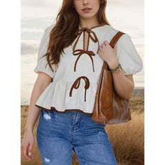 Ladies' Retro-style Bow Design Loose Puffed-sleeve Shirt Short-sleeved