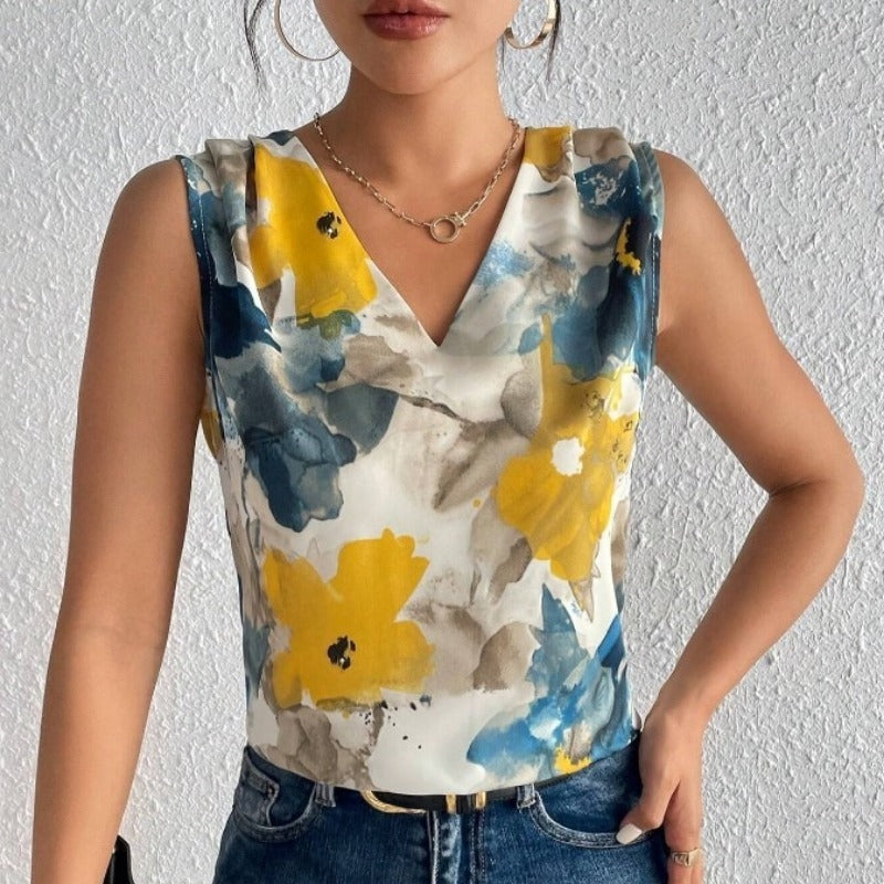 Spring and Summer New Flower-printed V-neck Sleeveless Top