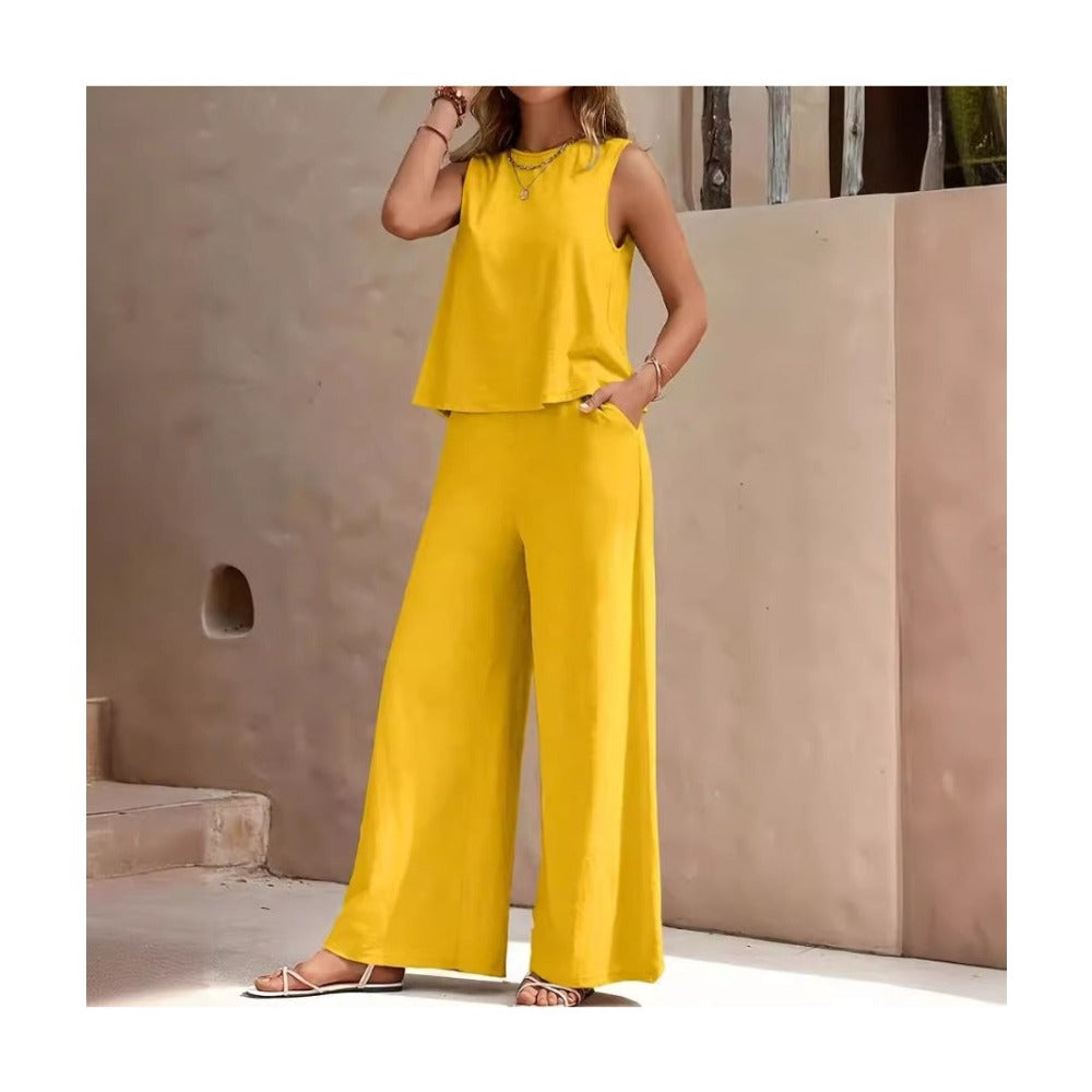 Solid Color Elegant Two-piece Set of Round-neck Vest and Wide-leg Pants for Women's Wear