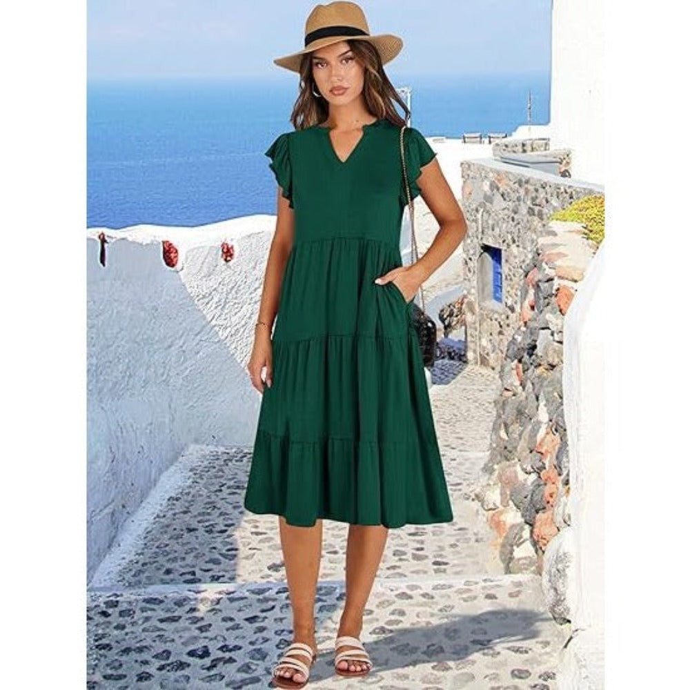 V-neck, Lotus Leaf Sleeve, Mid-length, Patchwork, Large Swing Pocket Dress