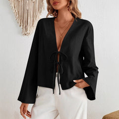 Women's Lace-up Cardigan, Thin Flared Sleeves, Long Sleeves, Solid Color Top