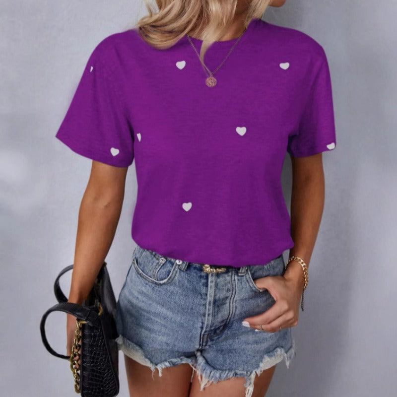 Sweet Short-sleeved, Round-neck, Loose Knitted Heart-shaped T-shirt