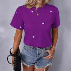 Sweet Short-sleeved, Round-neck, Loose Knitted Heart-shaped T-shirt