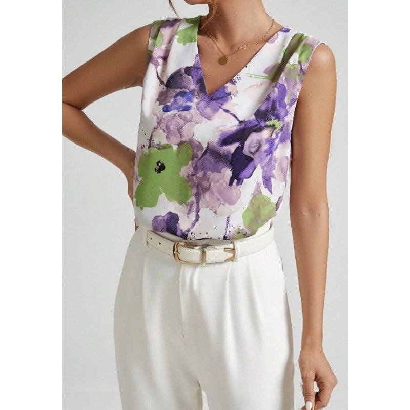 Spring and Summer New Flower-printed V-neck Sleeveless Top