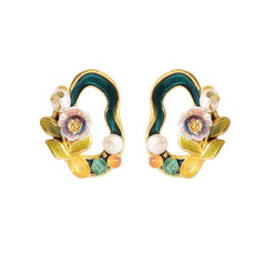 Oil Painting Geometric Flower Freshwater Pearl Stud Earrings, Antique Style Earrings, Simple, Exquisite and High-end Earrings