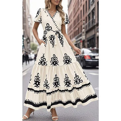 New V-neck Bohemian Flowing Flared Sleeve Layered Printed Dress