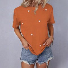 Sweet Short-sleeved, Round-neck, Loose Knitted Heart-shaped T-shirt