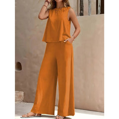 Solid Color Elegant Two-piece Set of Round-neck Vest and Wide-leg Pants for Women's Wear