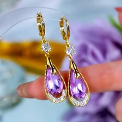 Purple Crystal Teardrop-shaped, Elegant, Exquisite, High-end, Simple, Fashionable and Grand Earrings