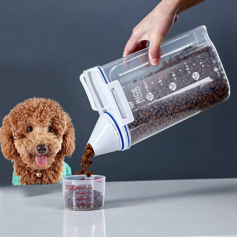 1.5kg/2kg Dog Cat Food Pail Plastic Storage Tank with Measuring Cup Container Moisture-proof Sealed Jar Pet Supplies