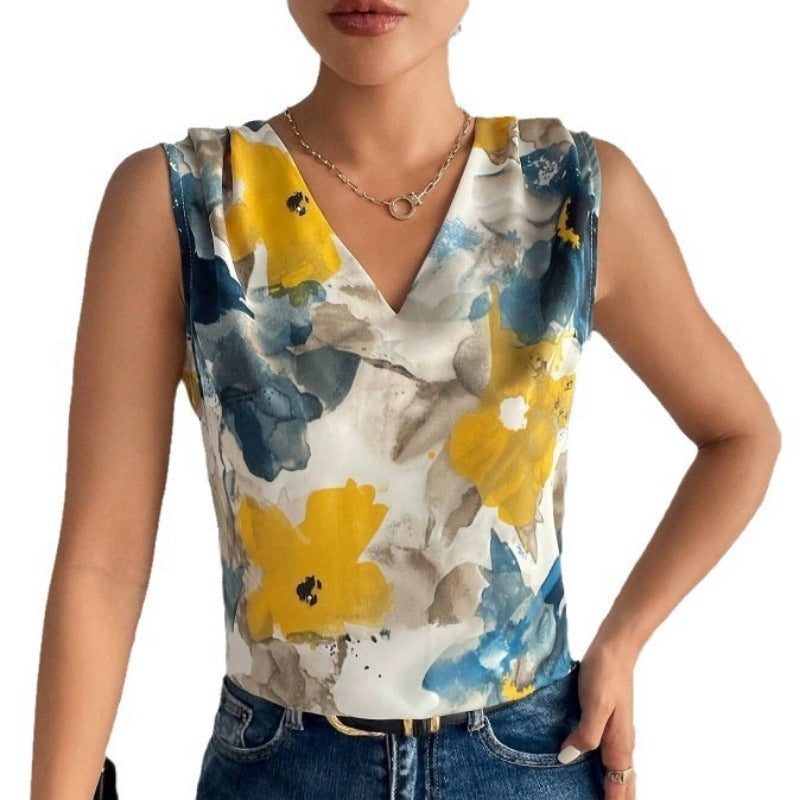 Spring and Summer New Flower-printed V-neck Sleeveless Top
