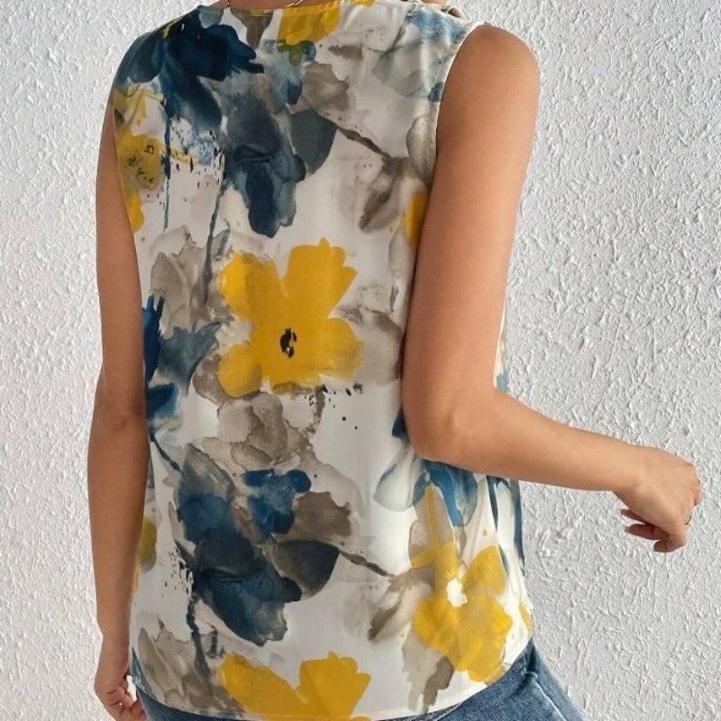 Spring and Summer New Flower-printed V-neck Sleeveless Top