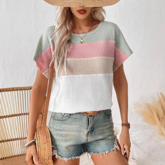 The New Summer Casual Three-tone Design of The Women's Round-neck Short-sleeved T-shirt