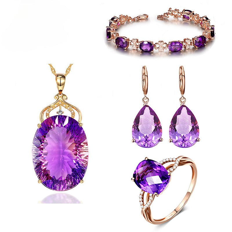 Amethyst Water Drop Rose Gold Necklace, Bracelet, Ring & Earring Set of 4