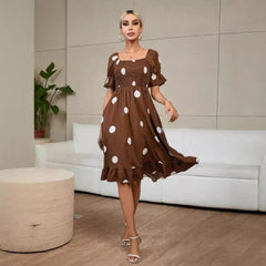 Polka Dot Style Fashionable Short-sleeved Ruffled Dress