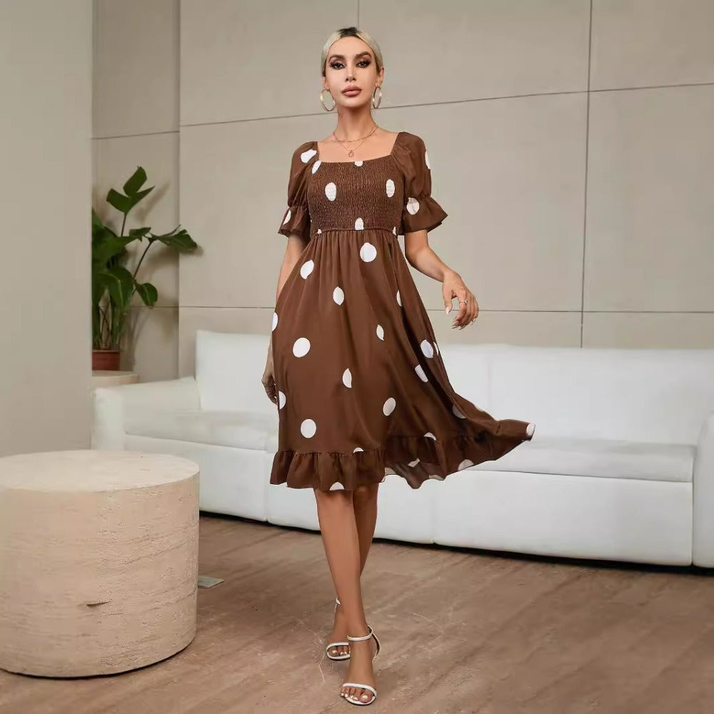 Polka Dot Style Fashionable Short-sleeved Ruffled Dress