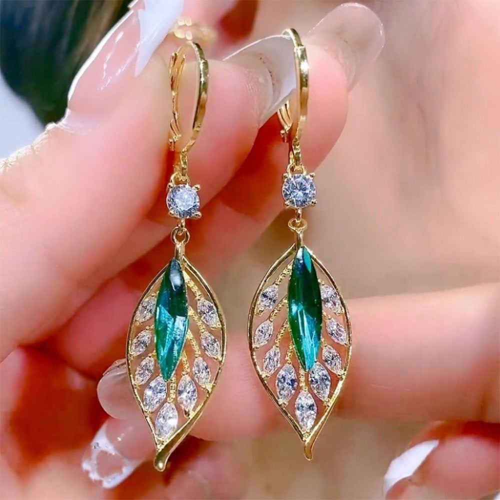 Crystal Zircon Leaf Earrings, Fashionable and Elegant Earrings