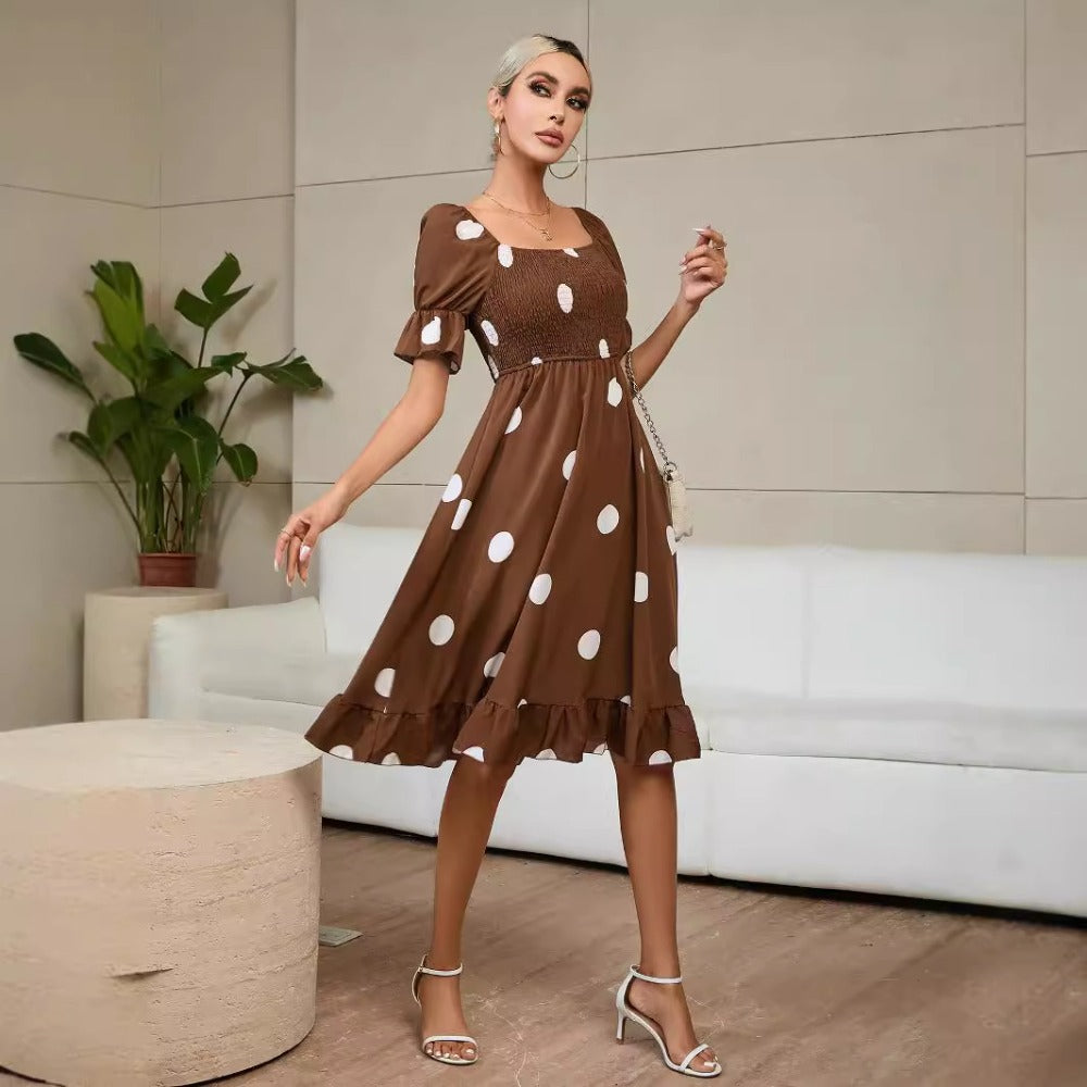 Polka Dot Style Fashionable Short-sleeved Ruffled Dress