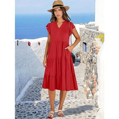 V-neck, Lotus Leaf Sleeve, Mid-length, Patchwork, Large Swing Pocket Dress